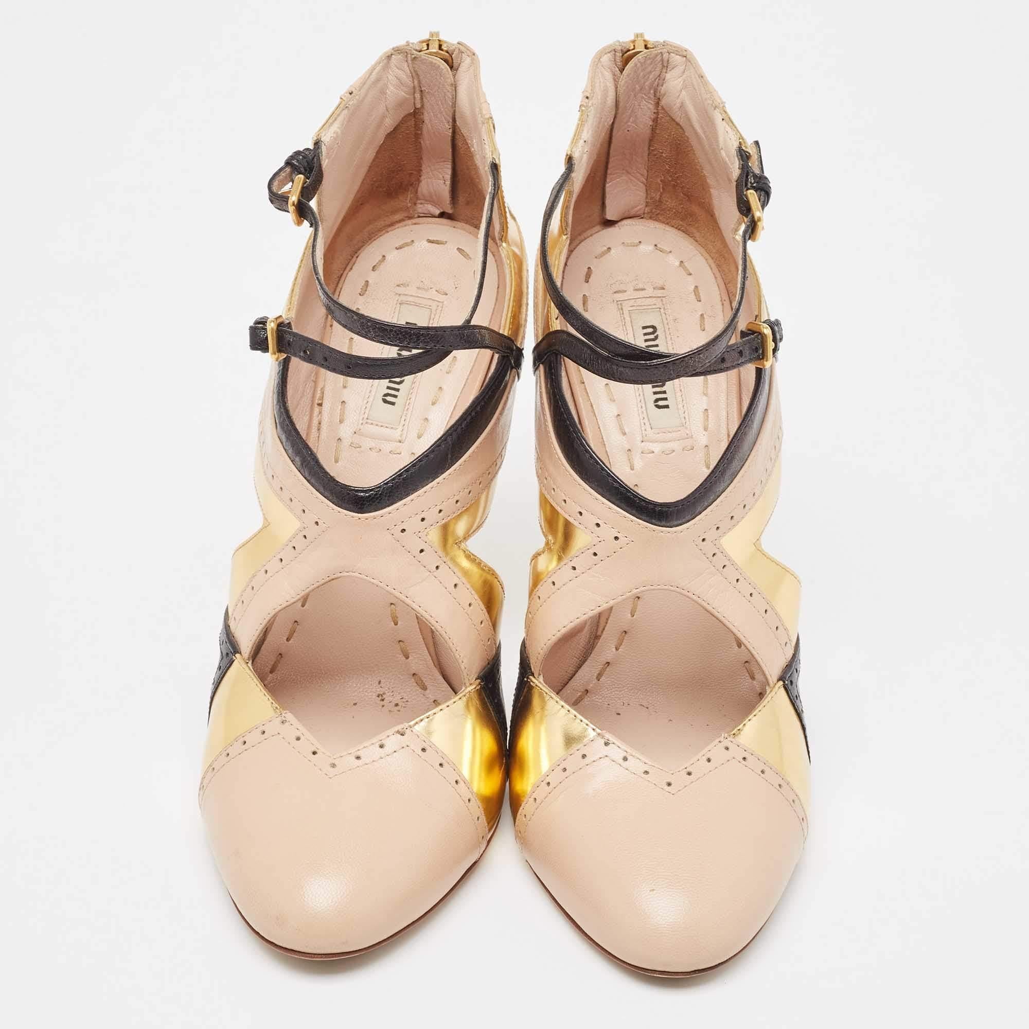 Beige Miu Miu Tricolor Leather Cut Out Pumps Size 38.5 For Sale