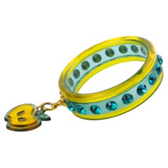 Miu Miu Turquoise and Yellow Acrylic Jeweled Bracelet Bangle with Apple Charm