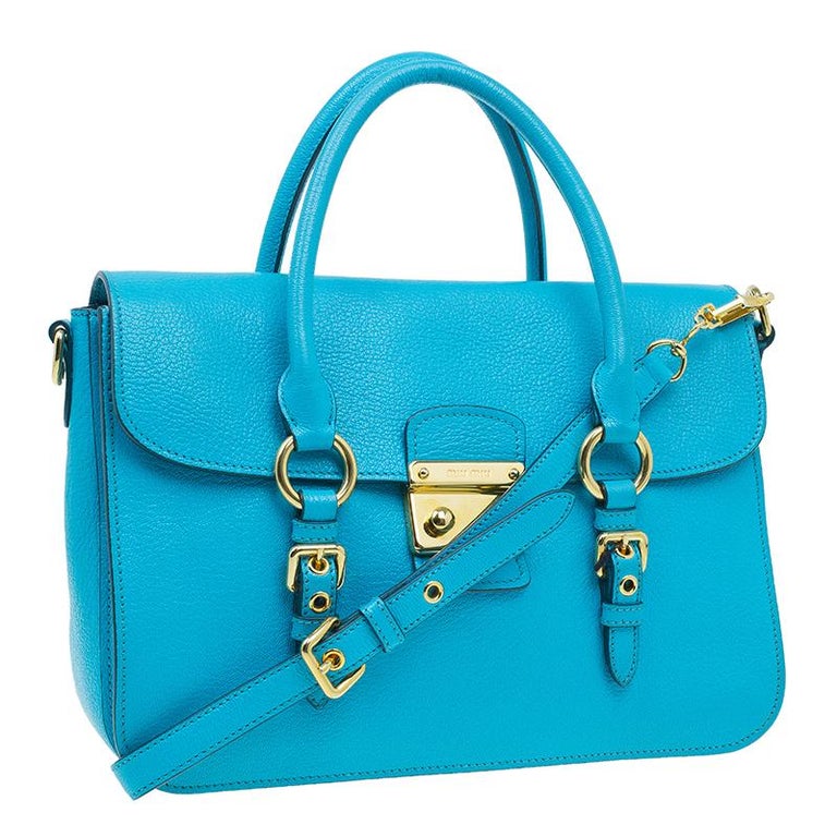 Miu Miu Turquoise Blue Leather Large Madras Flap Satchel Bag For Sale ...