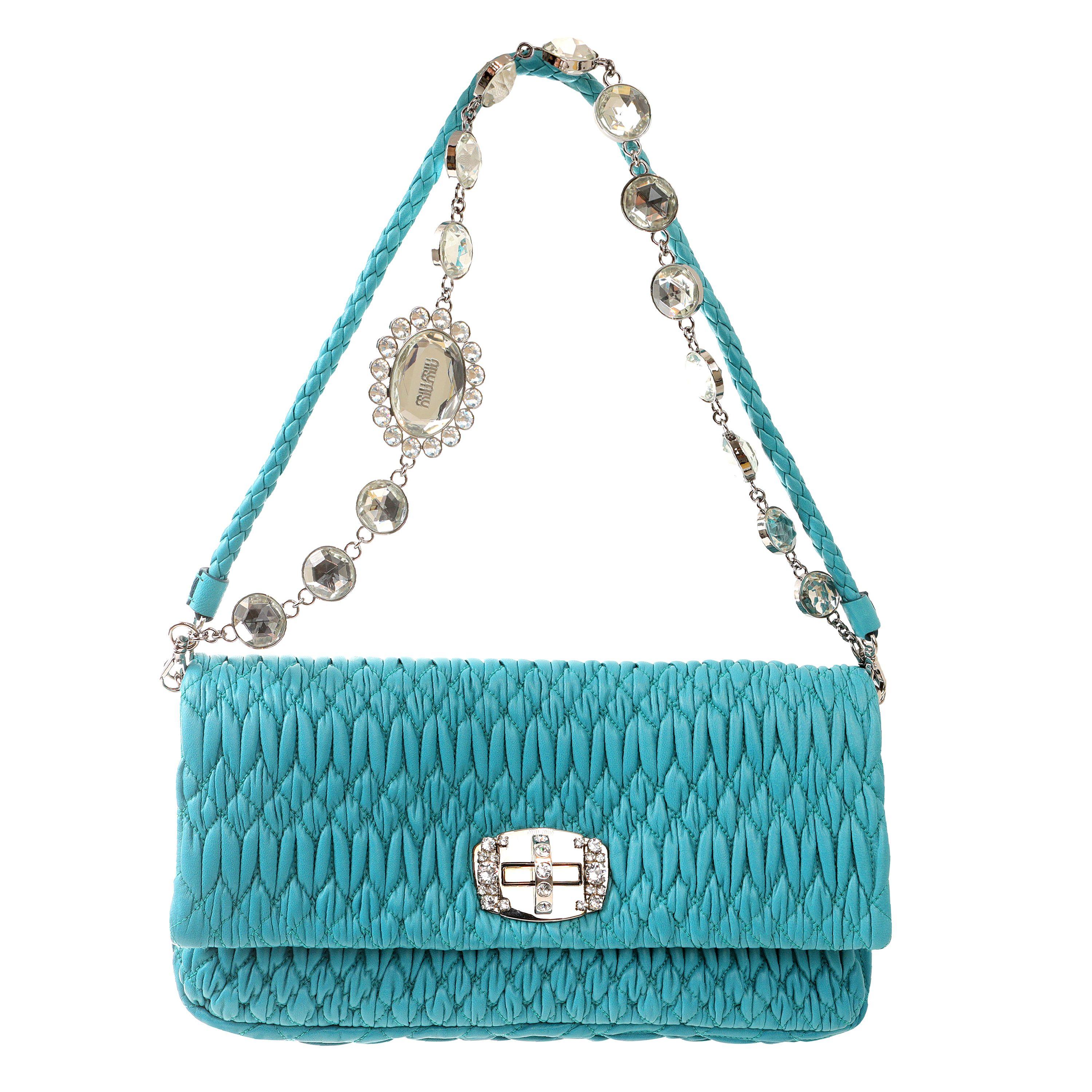 Bleu Miu Miu Turquoise Iconic Crystal Cloquè Small Bag with Silver Hardware en vente