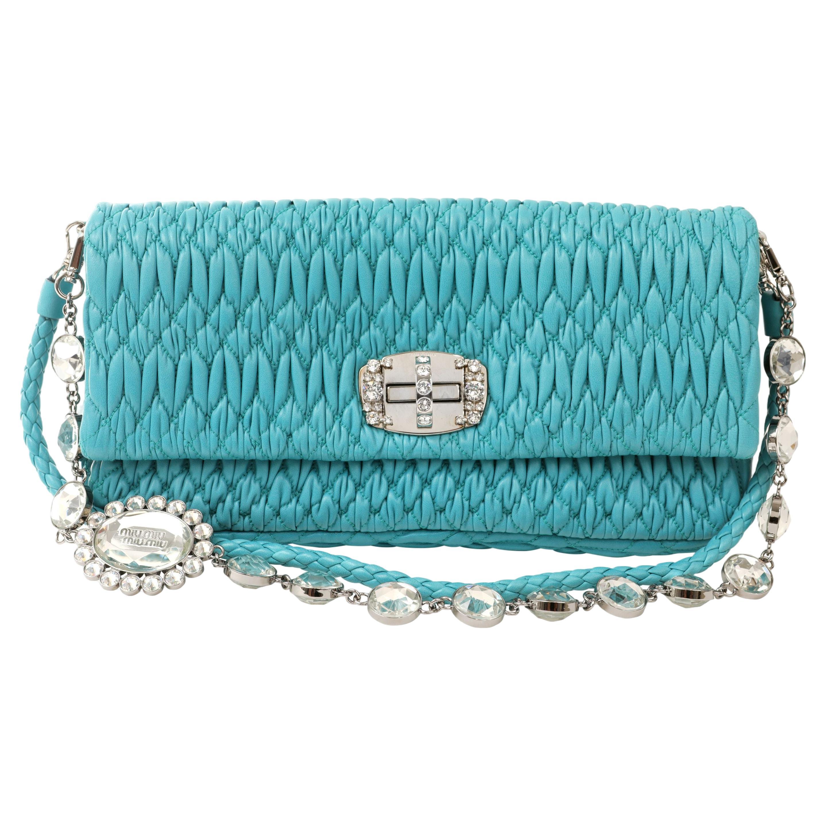 Miu Miu Turquoise Iconic Crystal Cloquè Small Bag with Silver Hardware For Sale