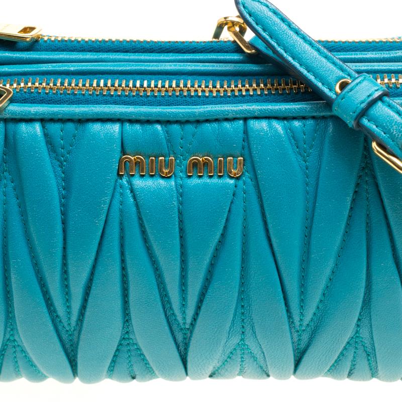 Blue Miu Miu Turquoise Matelasse Leather Double Zip Crossbody Bag