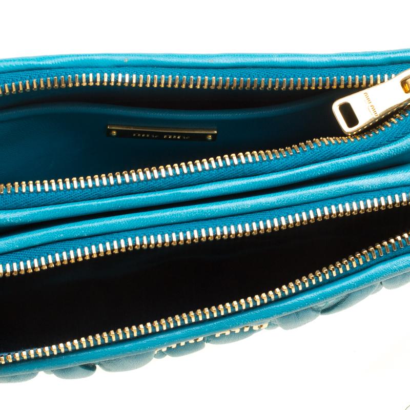 Miu Miu Turquoise Matelasse Leather Double Zip Crossbody Bag In Good Condition In Dubai, Al Qouz 2