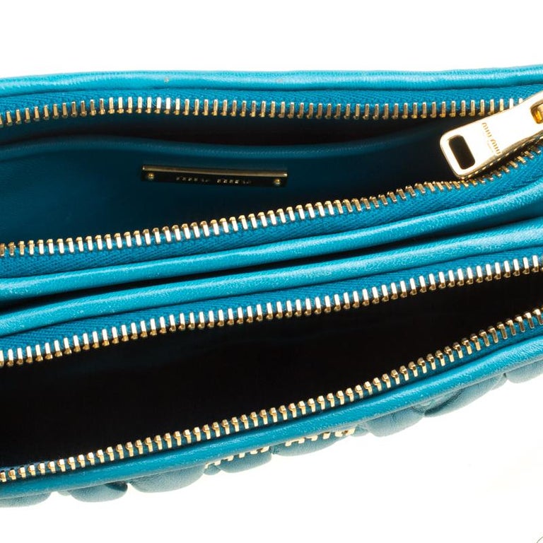 Miu Miu Turquoise Matelasse Leather Double Zip Crossbody Bag For Sale