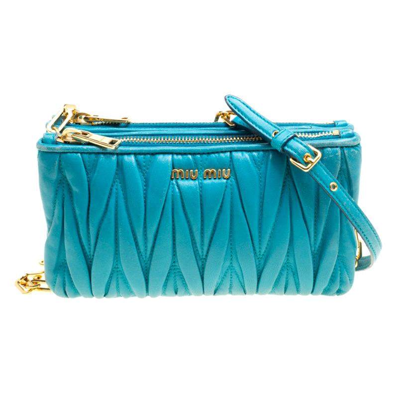 Authentic MIU MIU Matelasse Mini Chain Shoulder Bag Leather turquoise gold