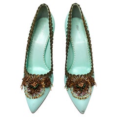 Miu Miu Turquoise Satin Embellished Pumps