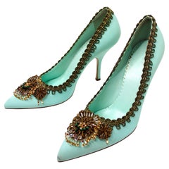Miu Miu Turquoise Satin Embellished Pumps