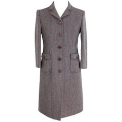 Miu Miu Tweed Wool Brown Button Leather Italian Coat, 2000s