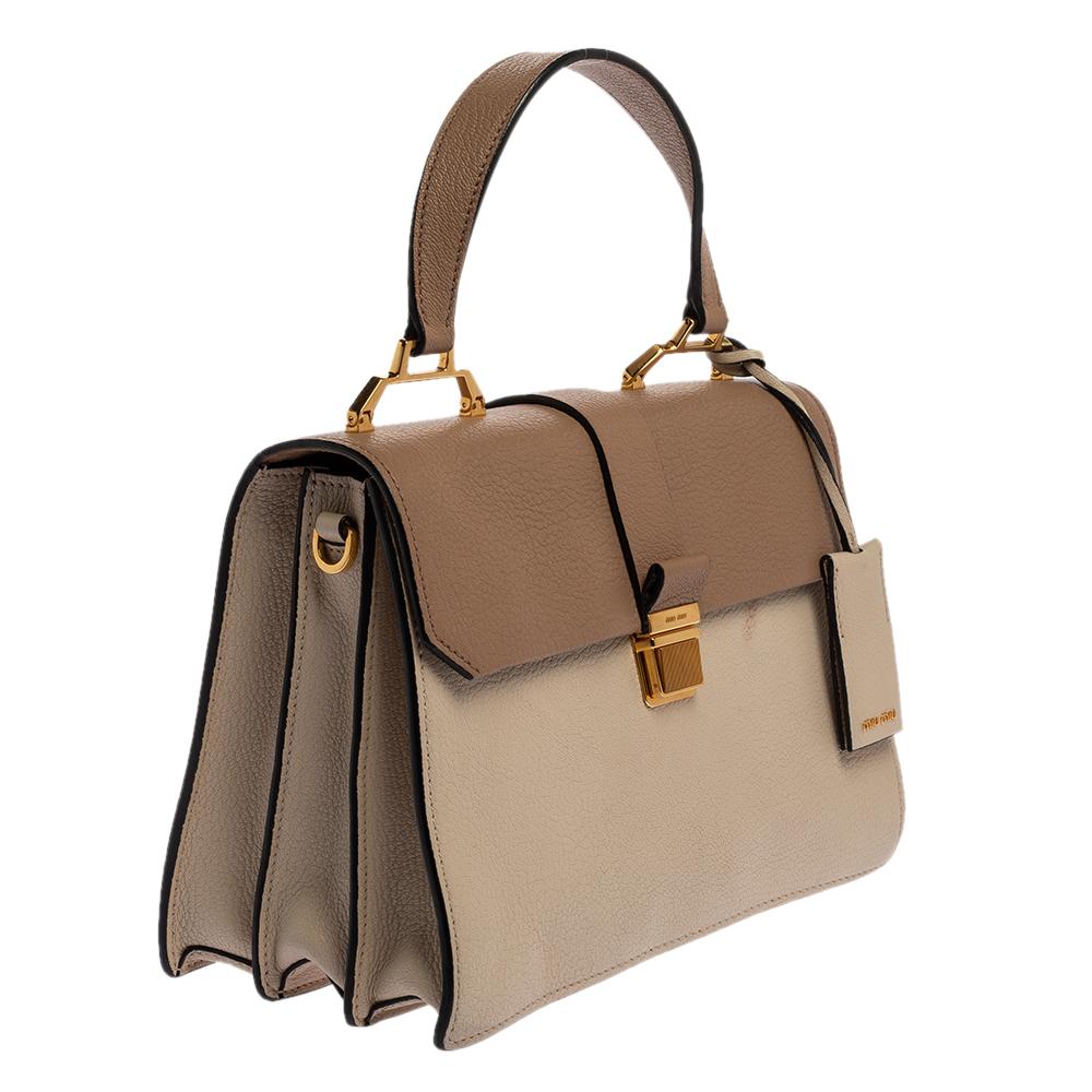 Miu Miu Two Tone Beige Leather Madras Top Handle Bag In Excellent Condition In Dubai, Al Qouz 2