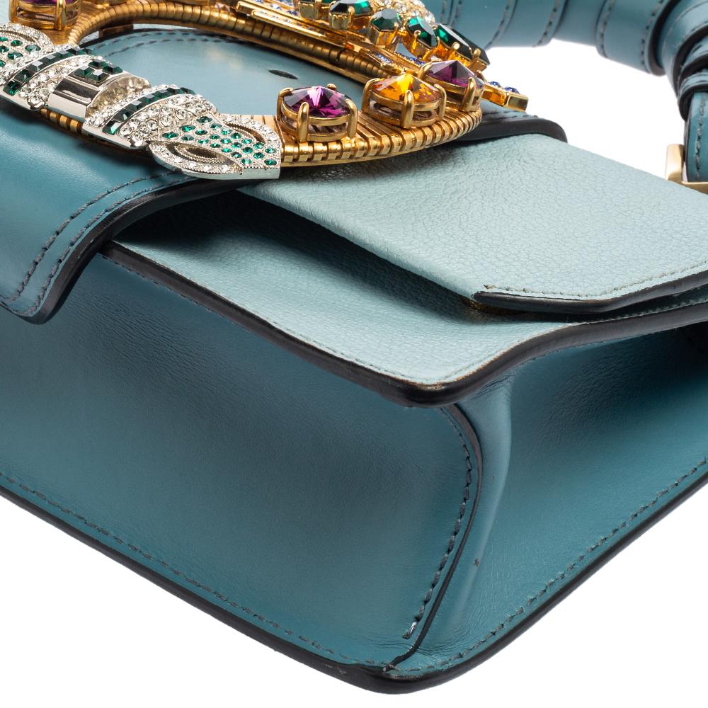 Miu Miu Two Tone Blue Leather Crystal Embellished Flap Top Handle Bag In Good Condition In Dubai, Al Qouz 2