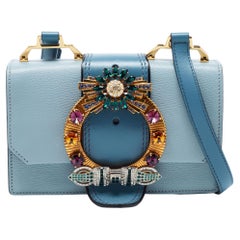 Miu Miu Two Tone Blue Leather Crystal Embellished Flap Top Handle Bag