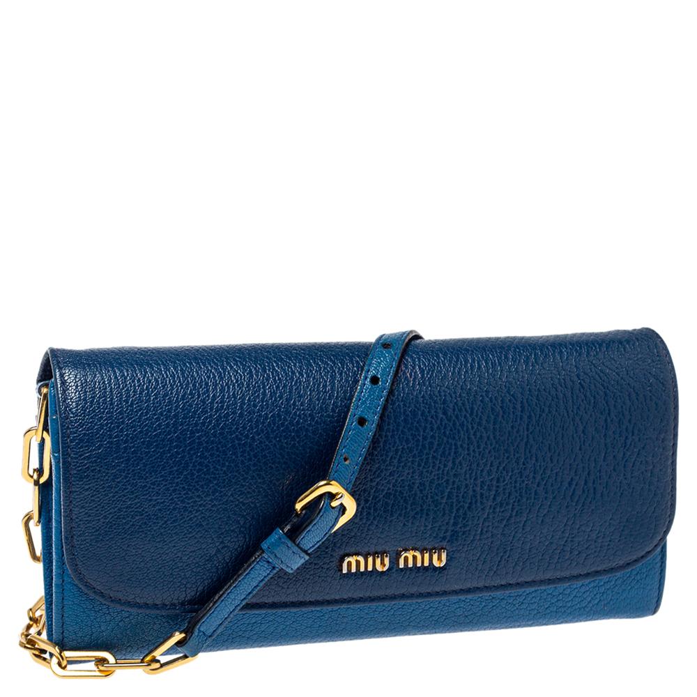 Women's Miu Miu Two Tone Blue Leather Logo Flap Wallet on Chain