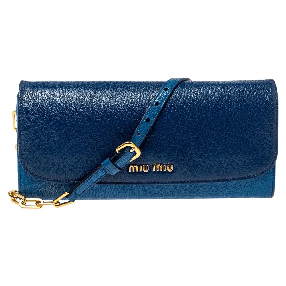 Miu Miu Two Tone Blue Leather Logo Flap Wallet on Chain