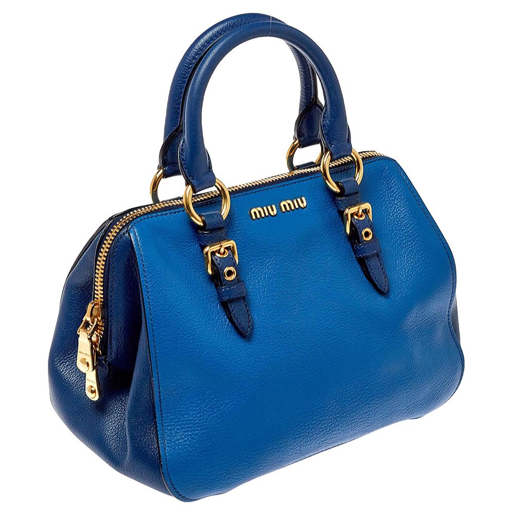 Miu Miu Zweifarbig Blau Madras Leder Doktor Satchel im Zustand „Gut“ in Dubai, Al Qouz 2