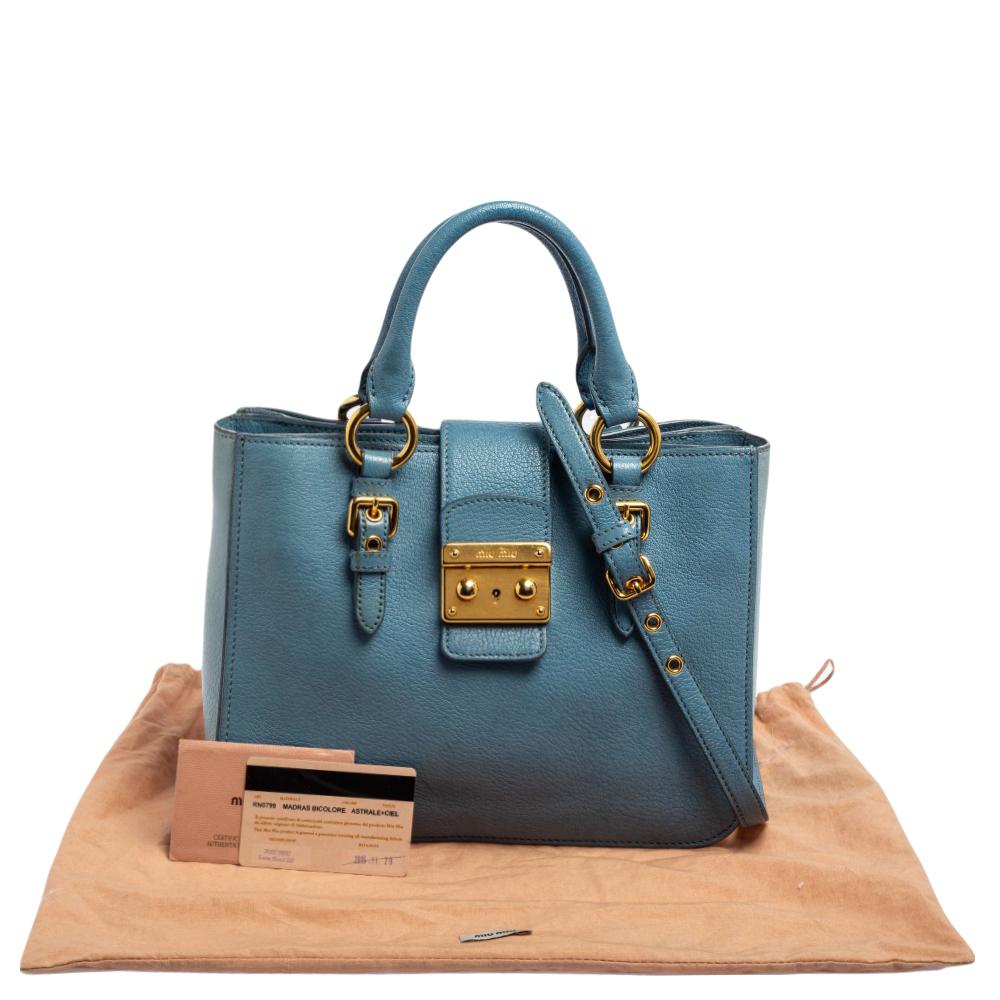 Miu Miu Two Tone Blue Madras Leather Tote 6