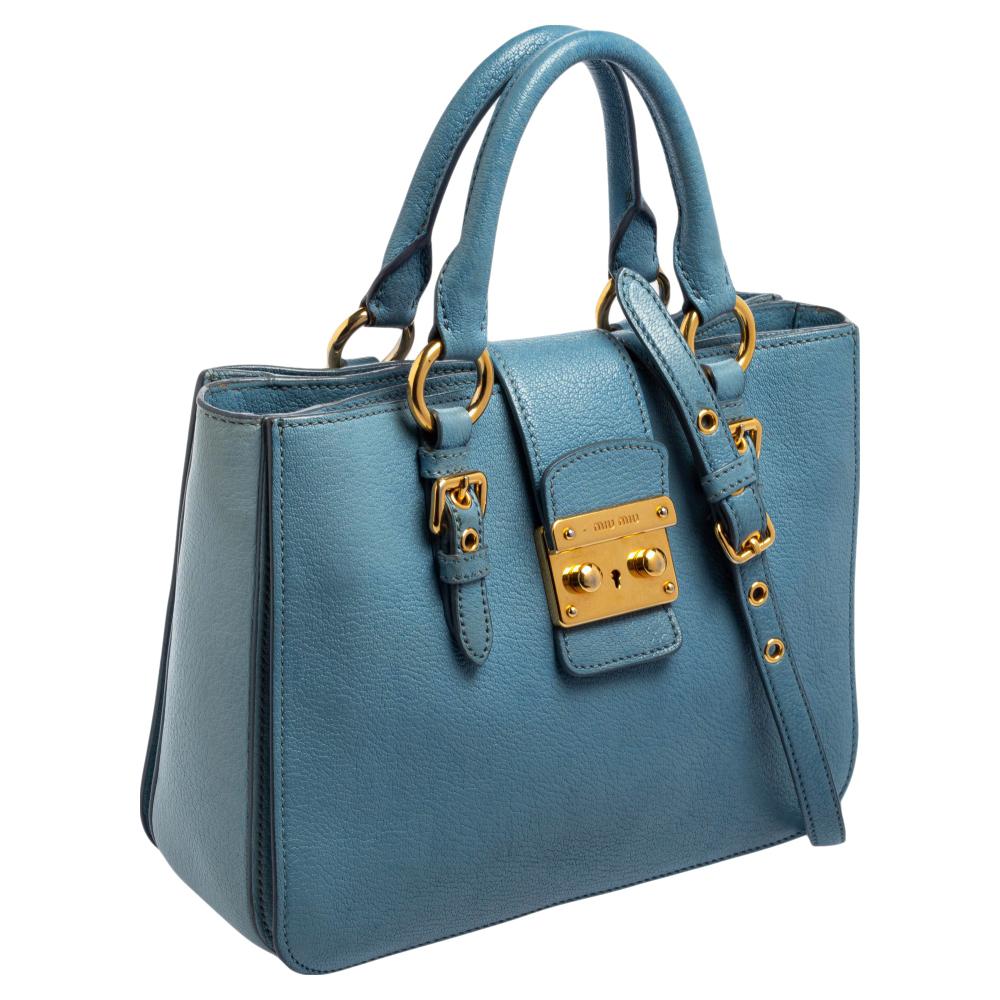 Gray Miu Miu Two Tone Blue Madras Leather Tote