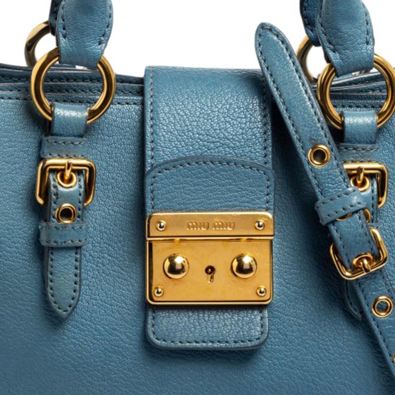 Women's Miu Miu Two Tone Blue Madras Leather Tote