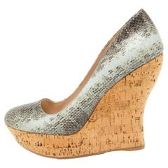 Miu Miu Two Tone Embossed Snakeskin Cork Wedge Pumps Size 37