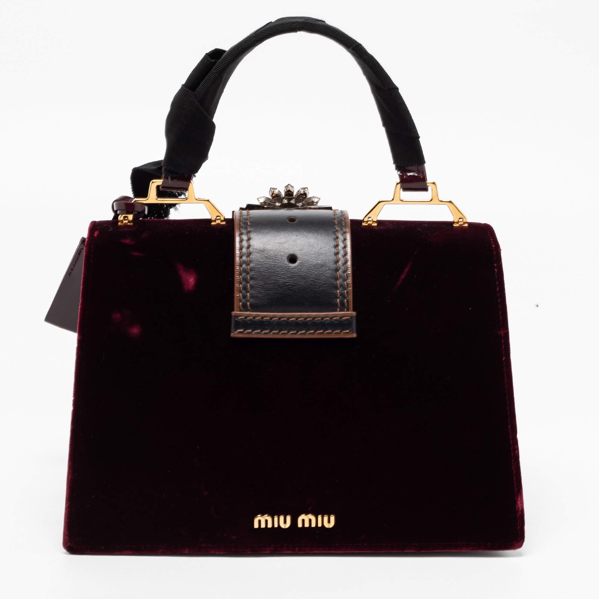 Miu Miu Velvet and Patent Leather Crystal Embellished Flap Top Handle Bag  In Good Condition In Dubai, Al Qouz 2