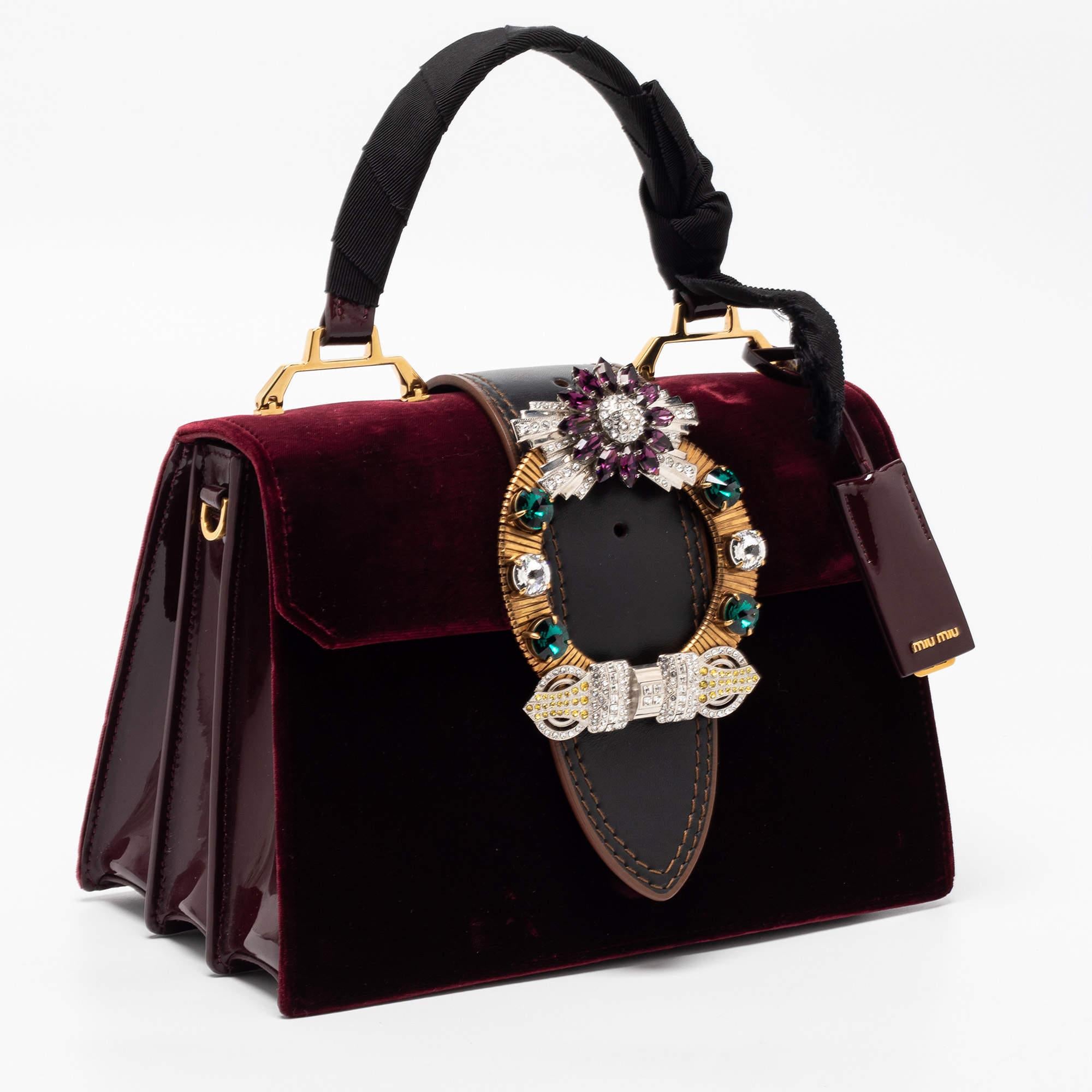 Miu Miu Velvet and Patent Leather Crystal Embellished Flap Top Handle Bag  2