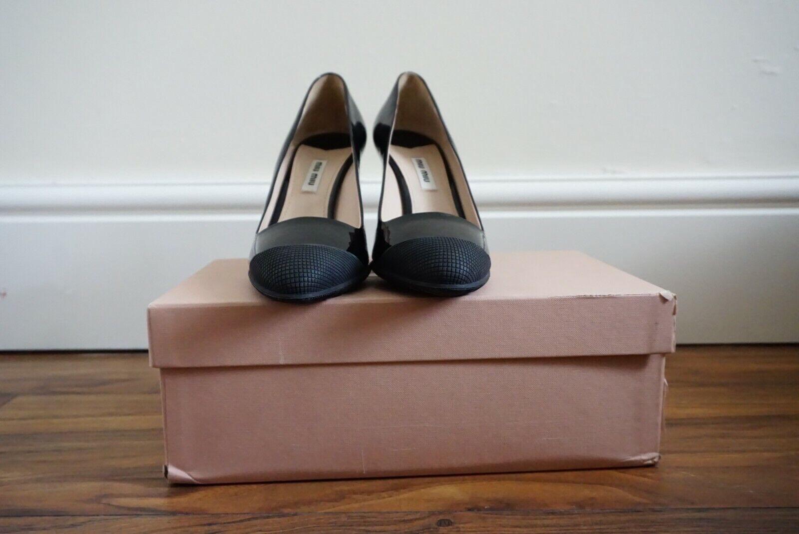 Women's Miu Miu Vernice Patent Leather Pointed Heels Rubber Grip Soles Black 37.5 BNWT For Sale