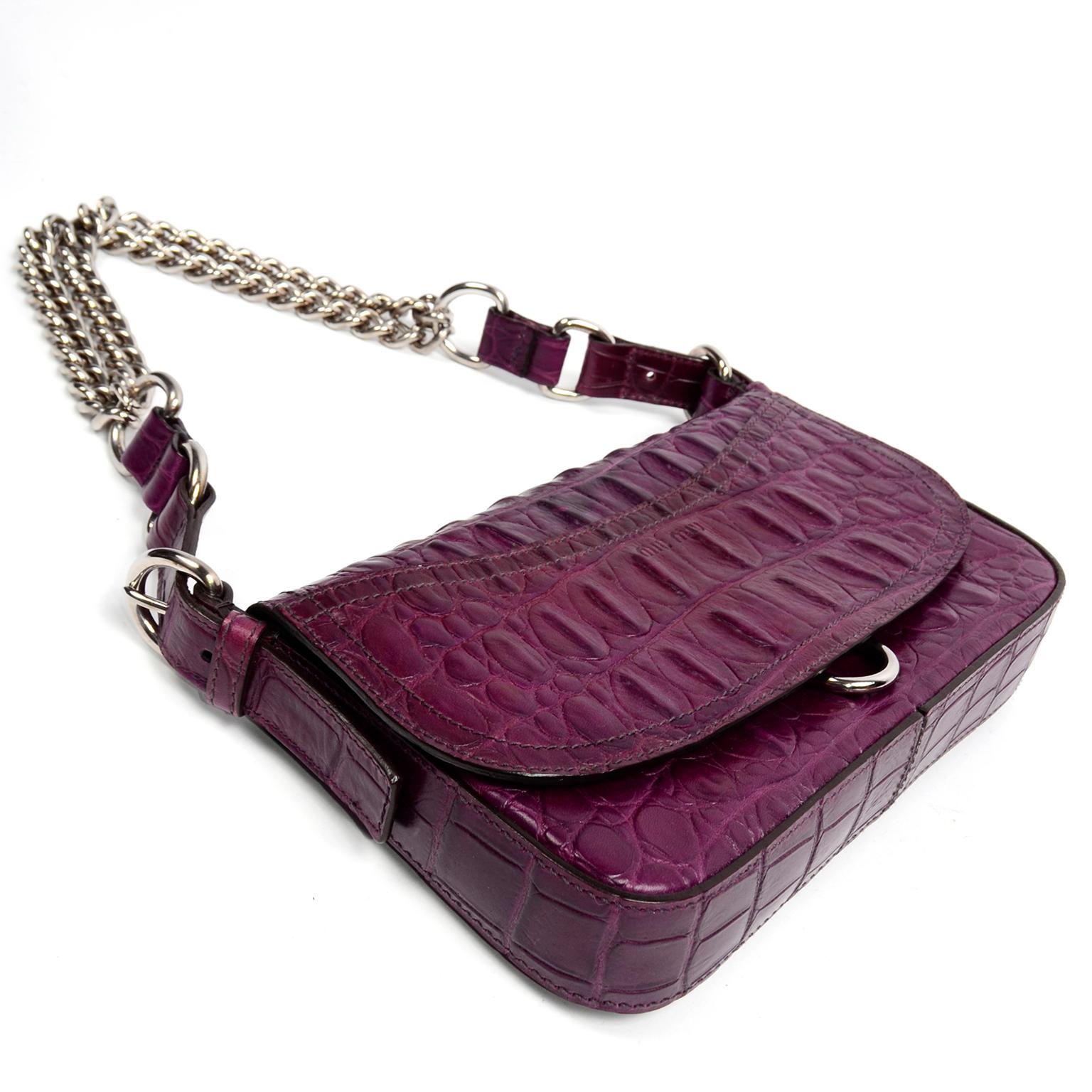 Miu Miu Vintage Bag Crocodile Embossed Purple Handbag With Silver 