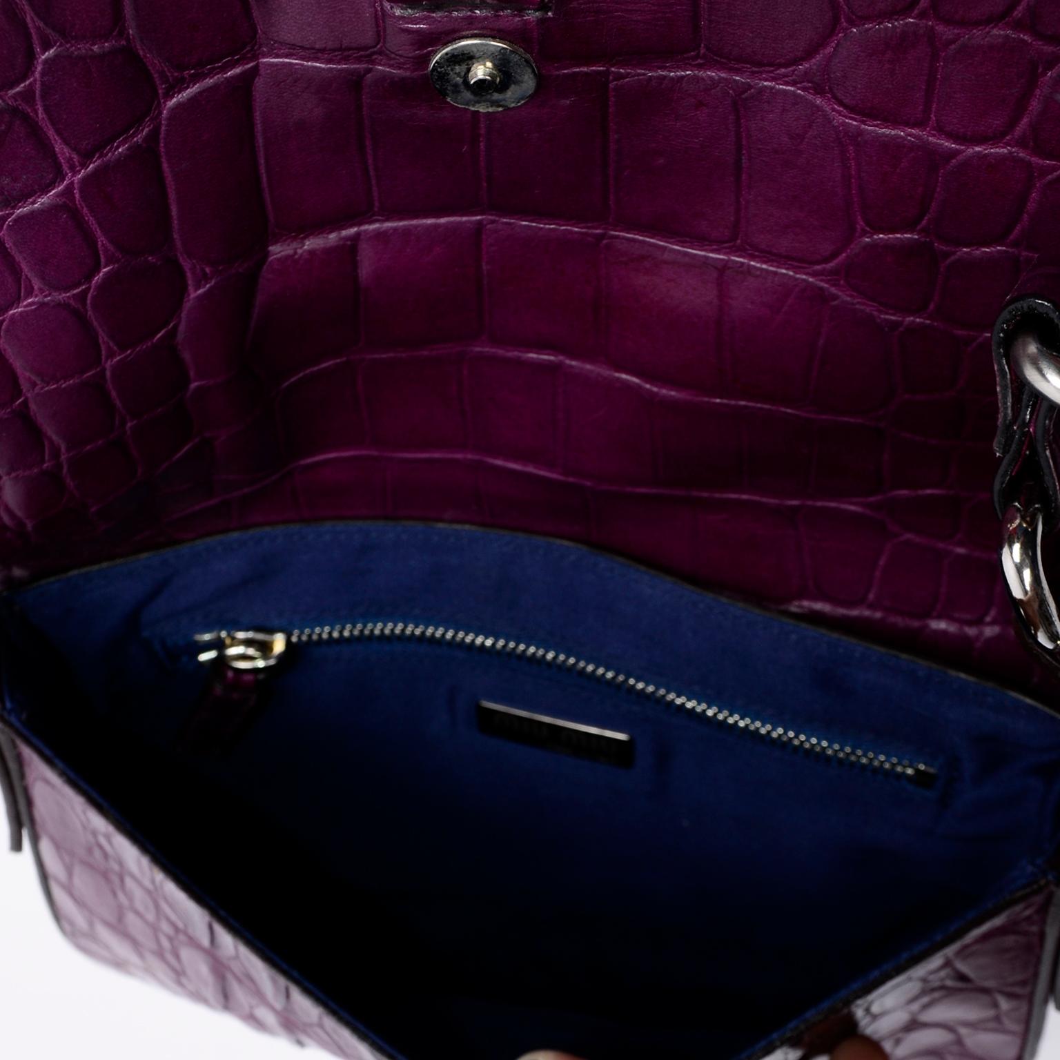 Miu Miu Vintage Bag Crocodile Embossed Purple Handbag With Silver Chain Strap In Excellent Condition In Portland, OR