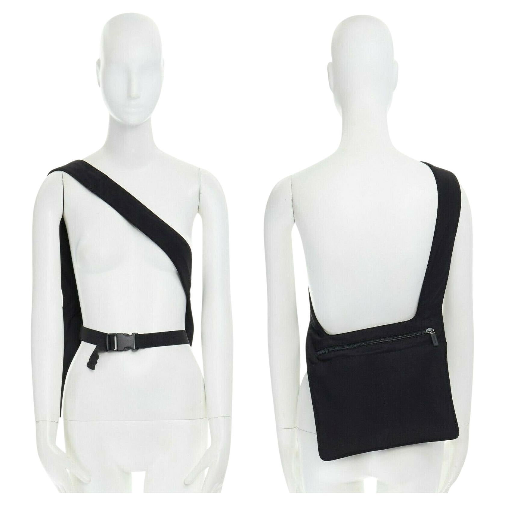 MIU MIU Vintage black cotton dual pocket zip crossbody buckle belted harness bag