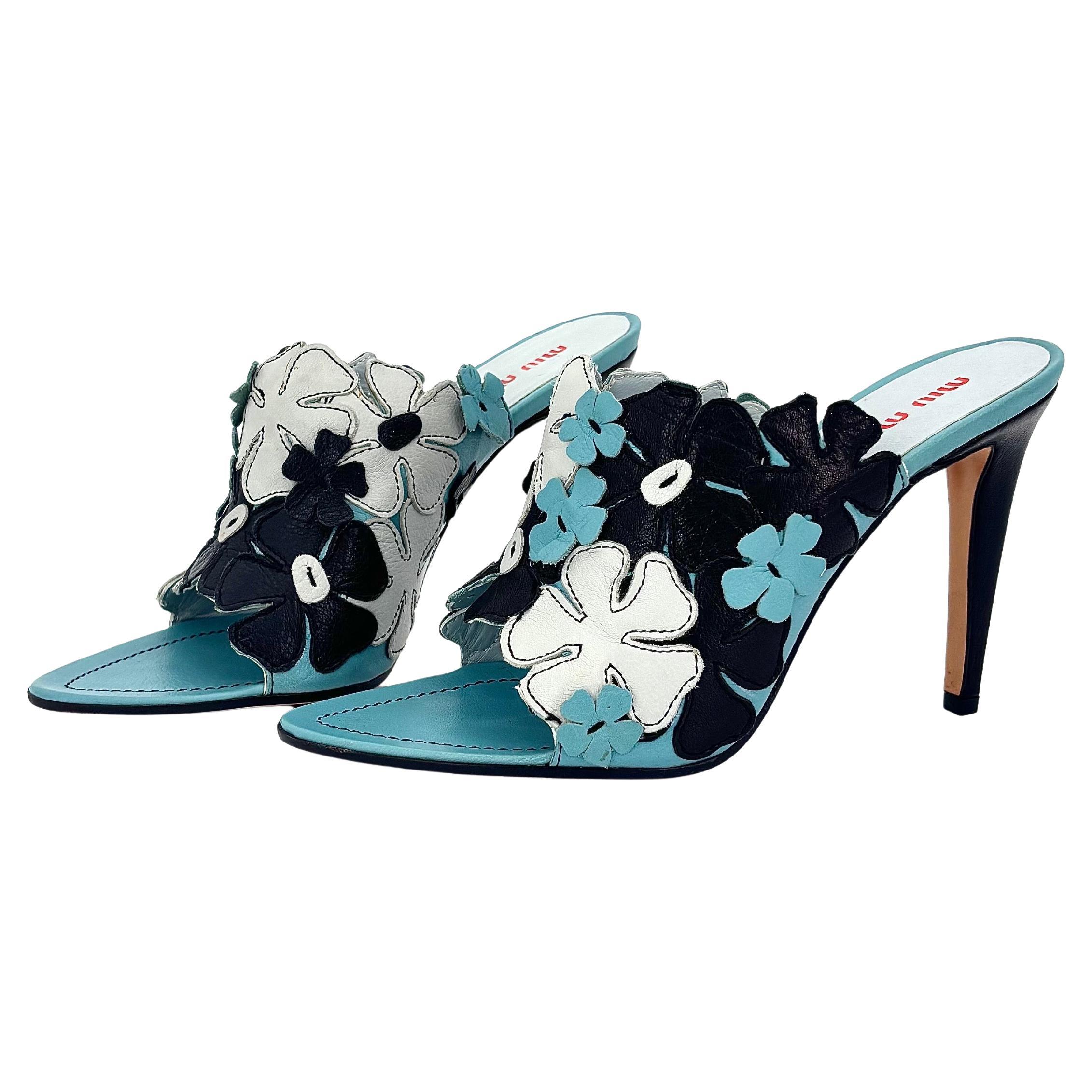 Miu Miu Vintage Blue Floral Cutout Heeled Mules Sandals 38.5