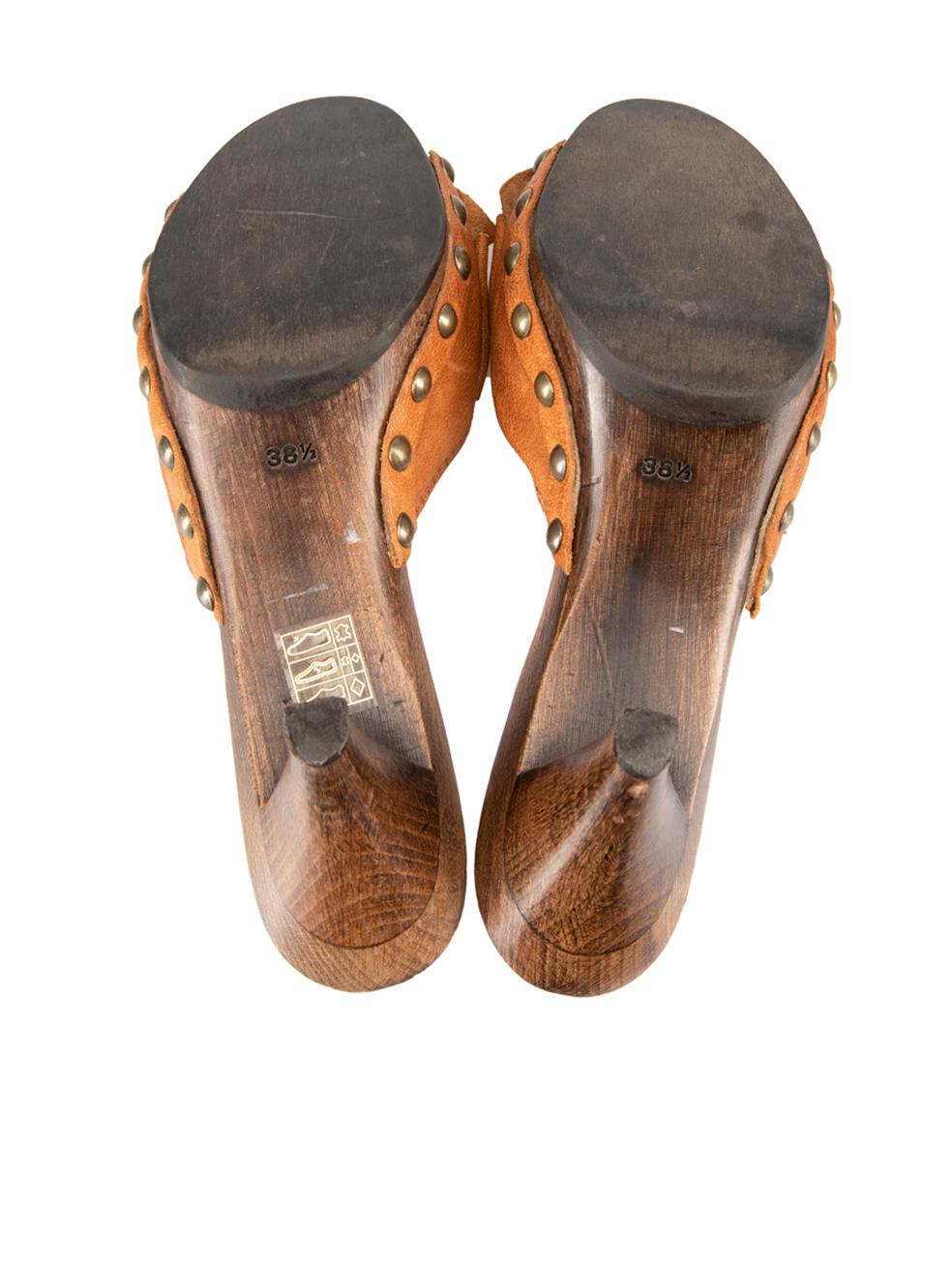 Women's Miu Miu Vintage Brown Leather Bow Wooden Sandals Size IT 38.5
