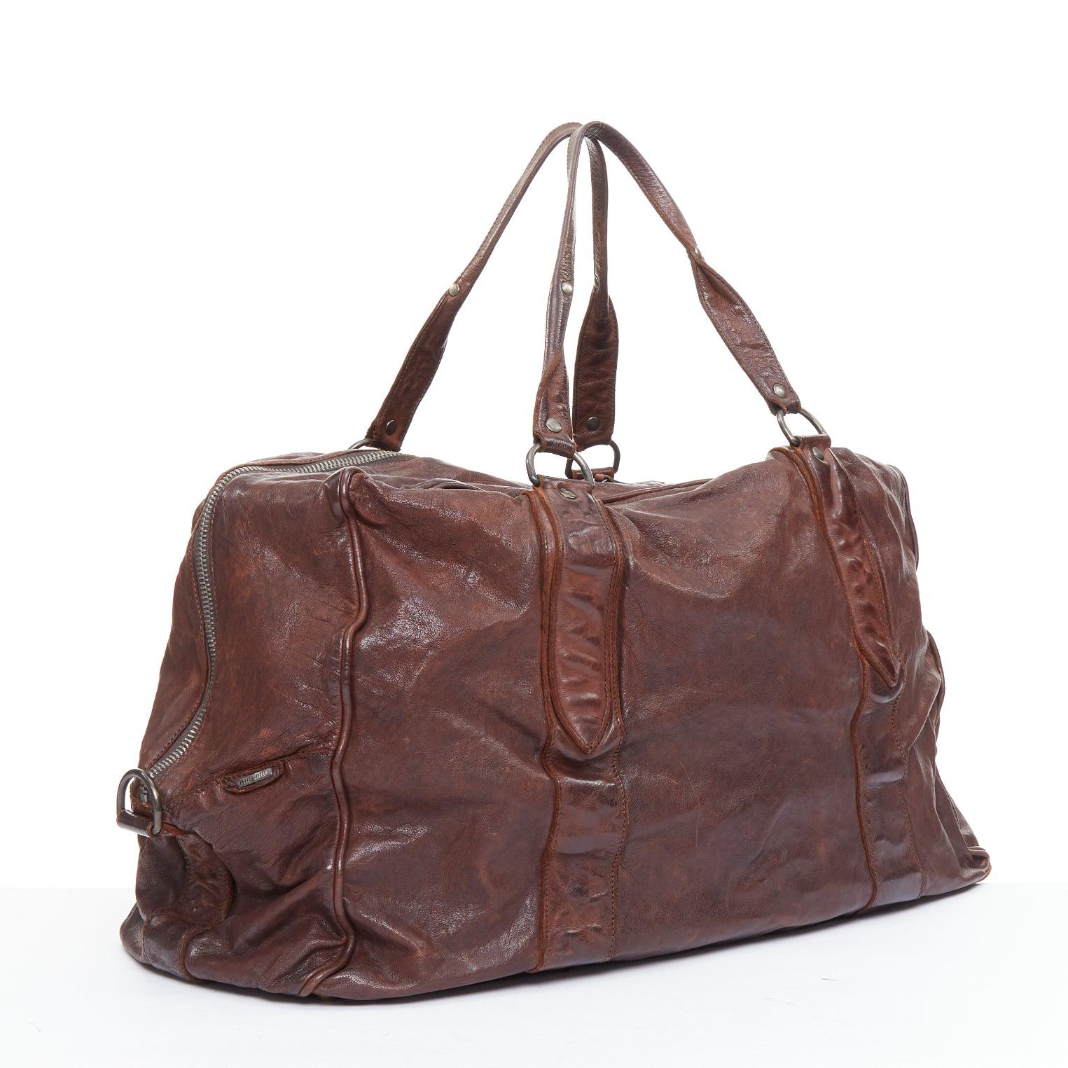 Brown MIU MIU Vintage brown tumbled crinkled leather large travel bag For Sale