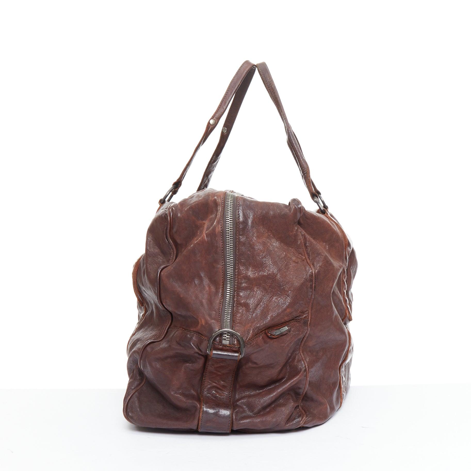 MIU MIU Vintage brown tumbled crinkled leather large travel bag In Good Condition For Sale In Hong Kong, NT
