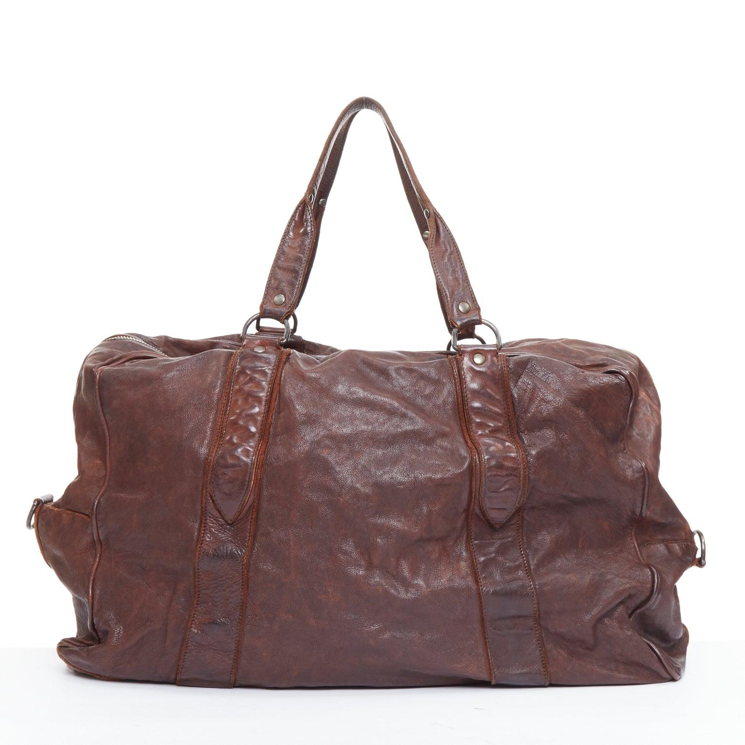 Men's MIU MIU Vintage brown tumbled crinkled leather large travel bag For Sale