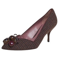 Miu Miu Vintage Brown Wool Houndstooth Enamel Embellished Work Pumps Size 36