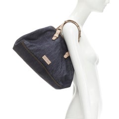MIU MIU Vintage dark blue indigo denim tan studded handle boston tote bag