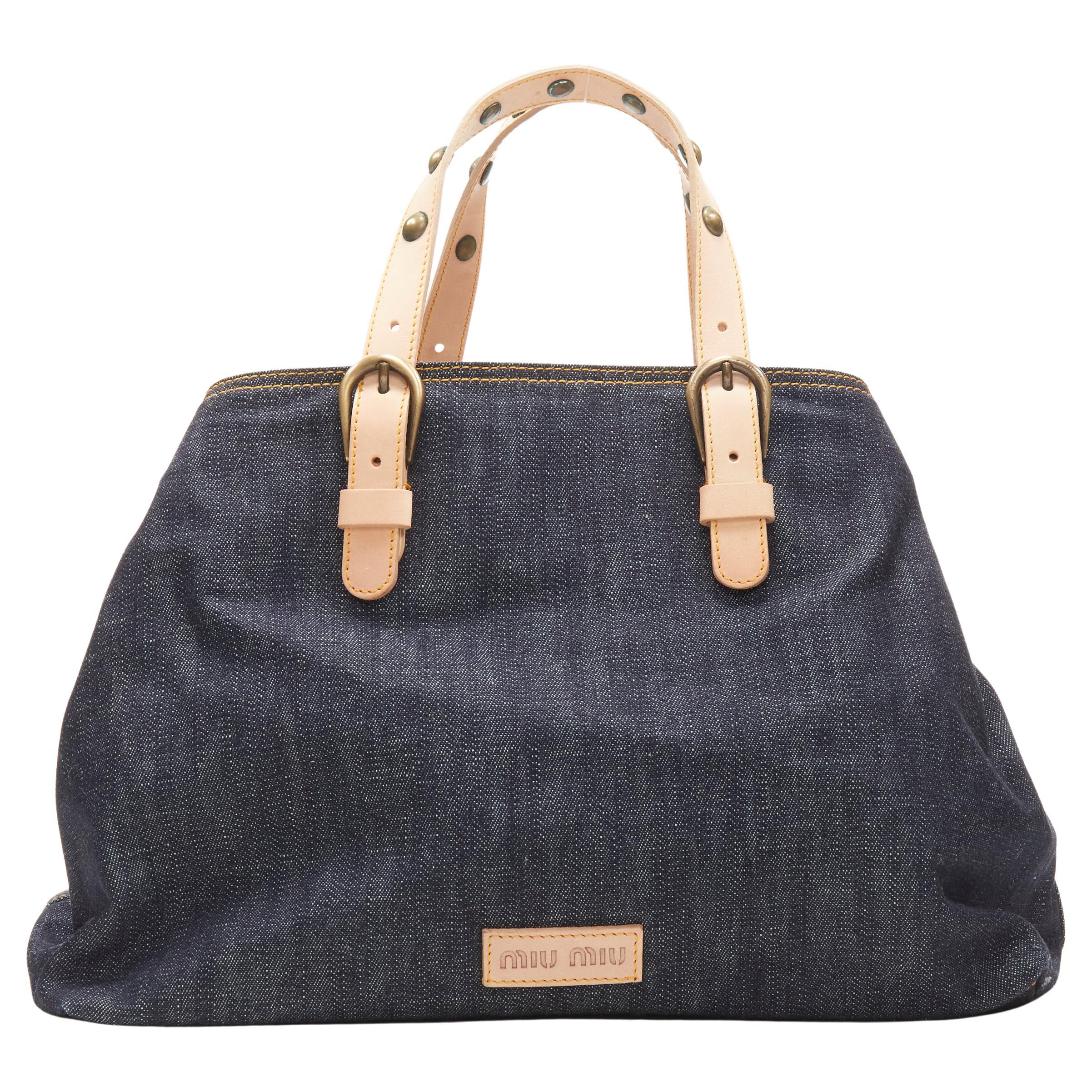 MIU MIU Vintage dark blue indigo denim tan studded handle boston tote bag