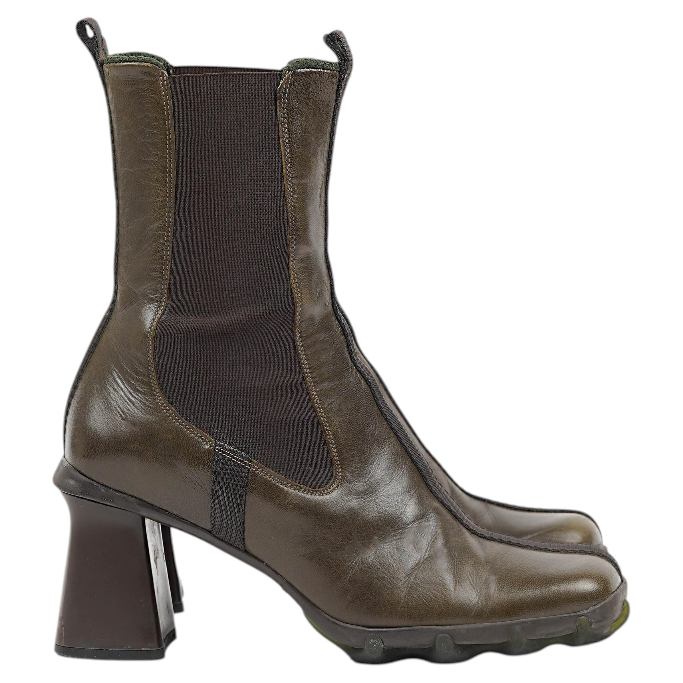 Miu Miu Vintage FW 1999 Olive Leather Bubble Sole Ankle Boots EU39