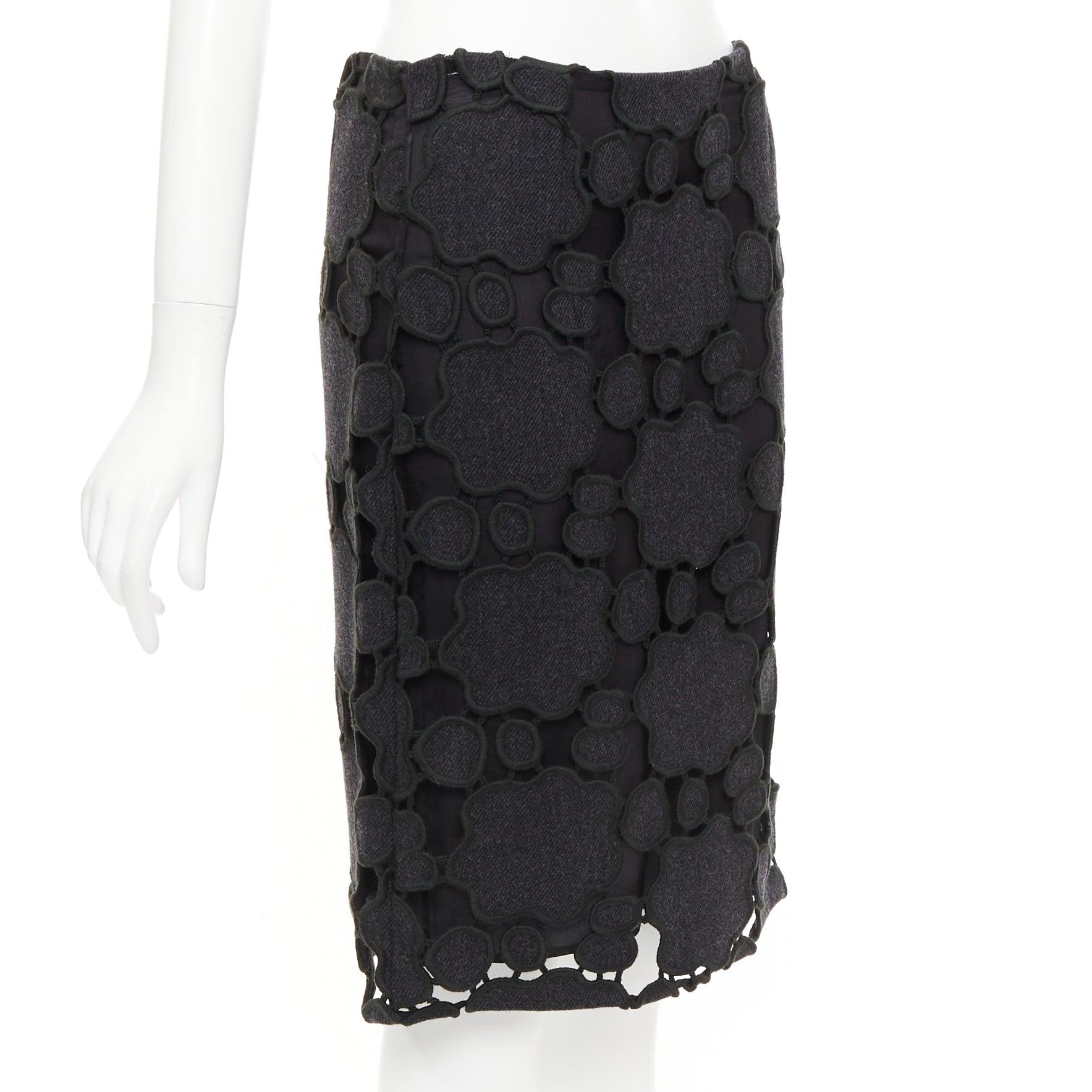 Black MIU MIU Vintage grey wool cloud cut out embroidery anglais skirt IT38 XS For Sale