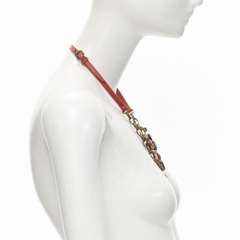 Miu Vintage Multicolor Strass Kristall Juwel Rotes Leder Halskette Damen im Angebot