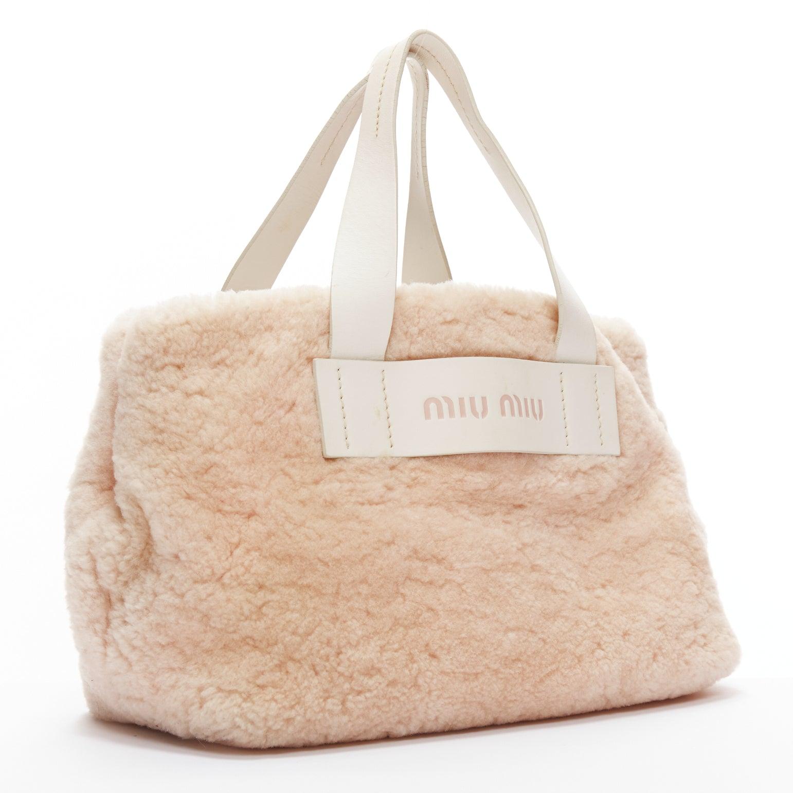 MIU MIU Vintage pink lamb shearling white leather logo tote bag In Good Condition In Hong Kong, NT
