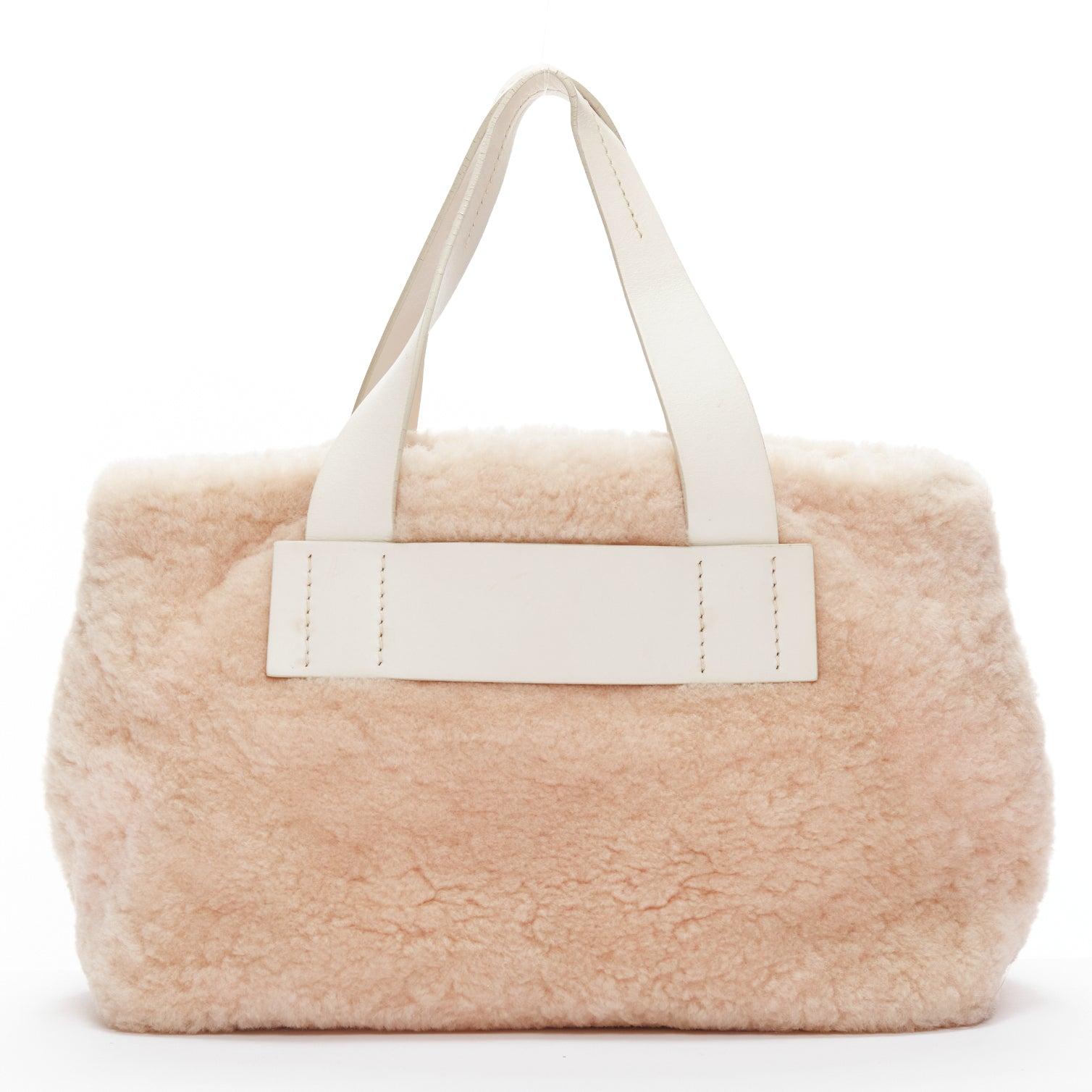 MIU MIU Vintage pink lamb shearling white leather logo tote bag 1