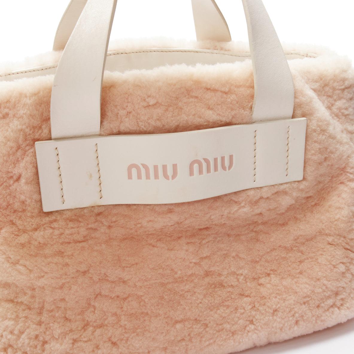 MIU MIU Vintage pink lamb shearling white leather logo tote bag 3