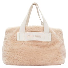 MIU MIU Vintage pink lamb shearling white leather logo tote bag