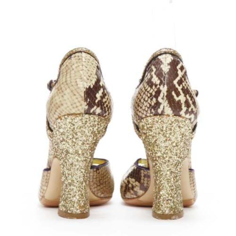 Women's MIU MIU Vintage snake print gold course glitter chunky heel maryjane EU36.5 For Sale