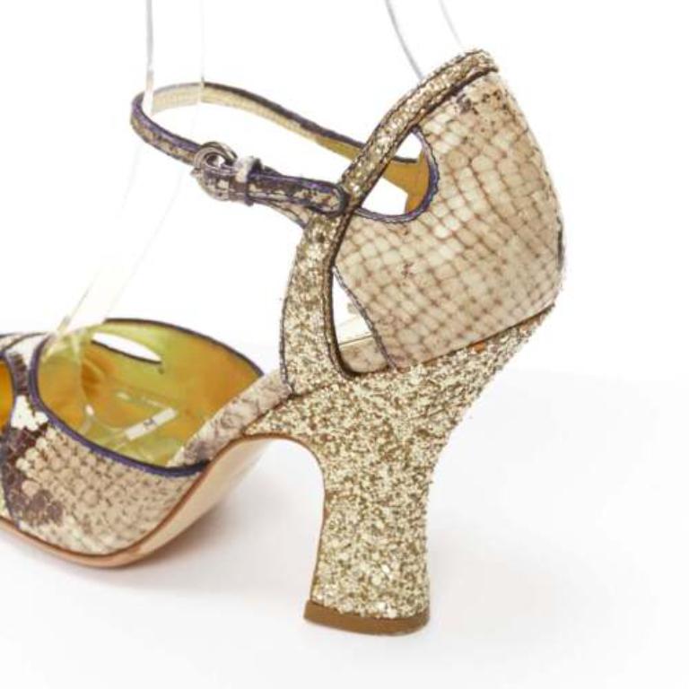 MIU MIU Vintage snake print gold course glitter chunky heel maryjane EU36.5 For Sale 3