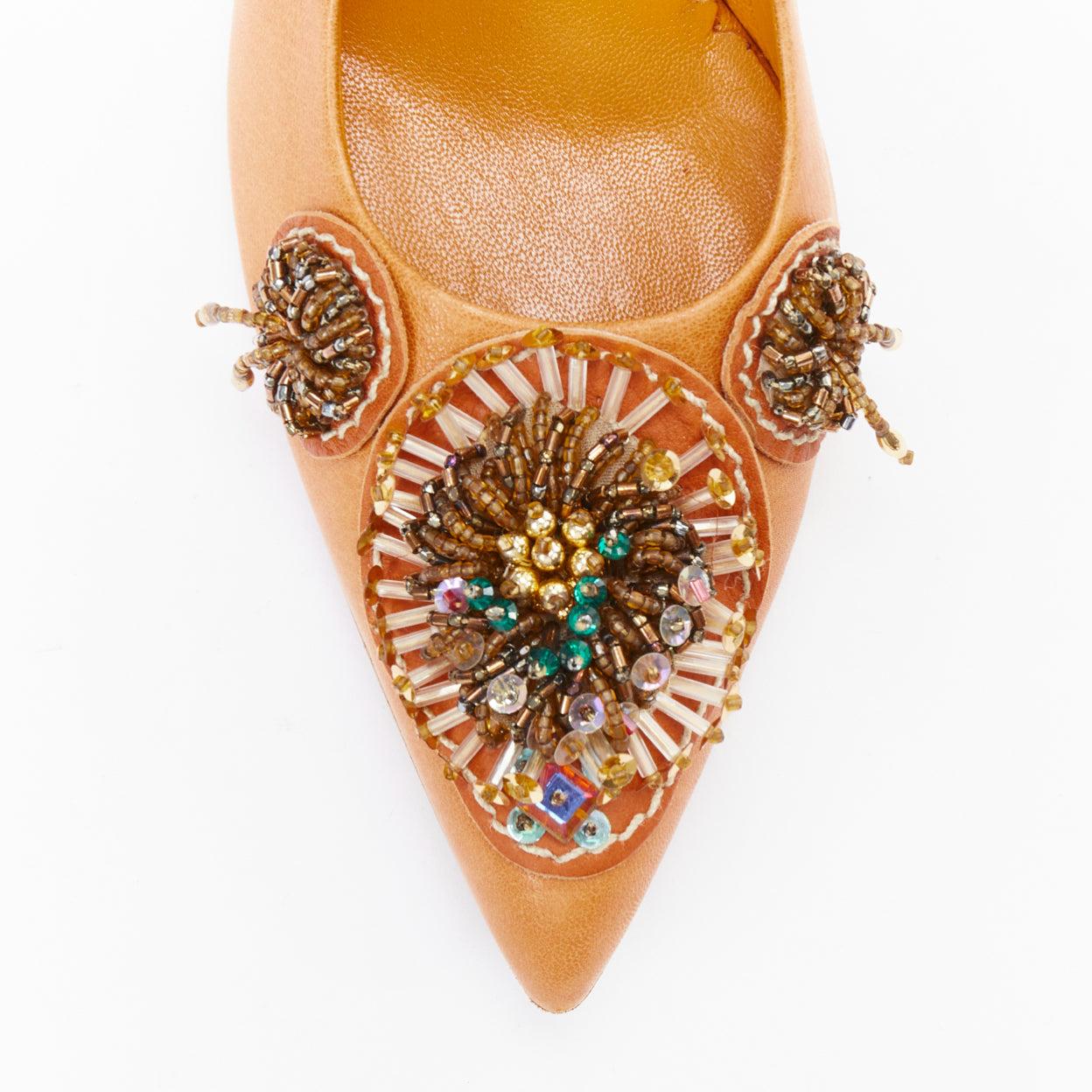 MIU MIU Vintage tan nude bead embellished kitten pumps EU36.5 2