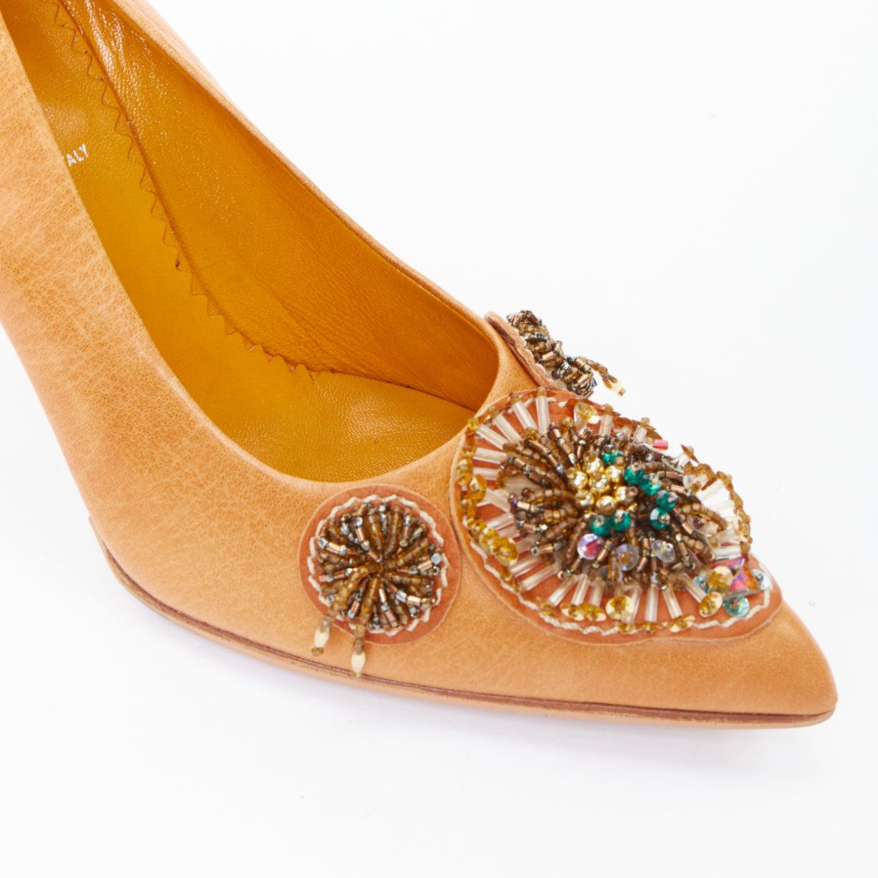 MIU MIU Vintage tan nude bead embellished kitten pumps EU36.5 3