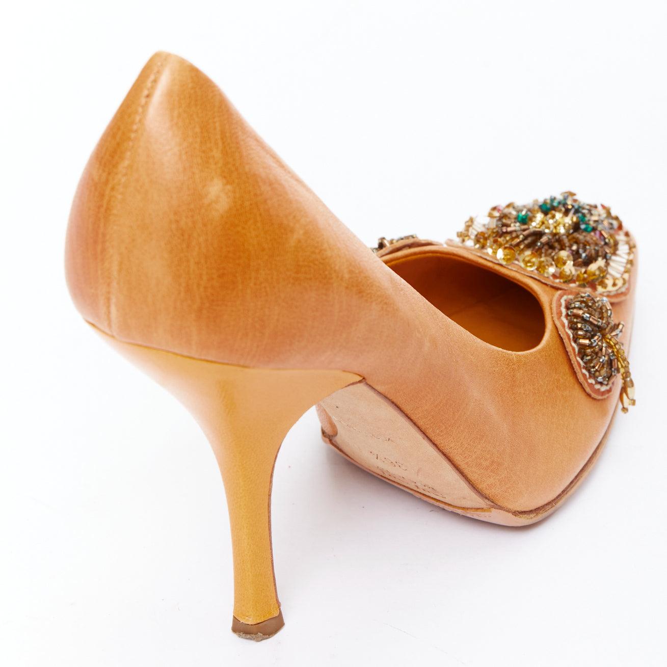 MIU MIU Vintage tan nude bead embellished kitten pumps EU36.5 4