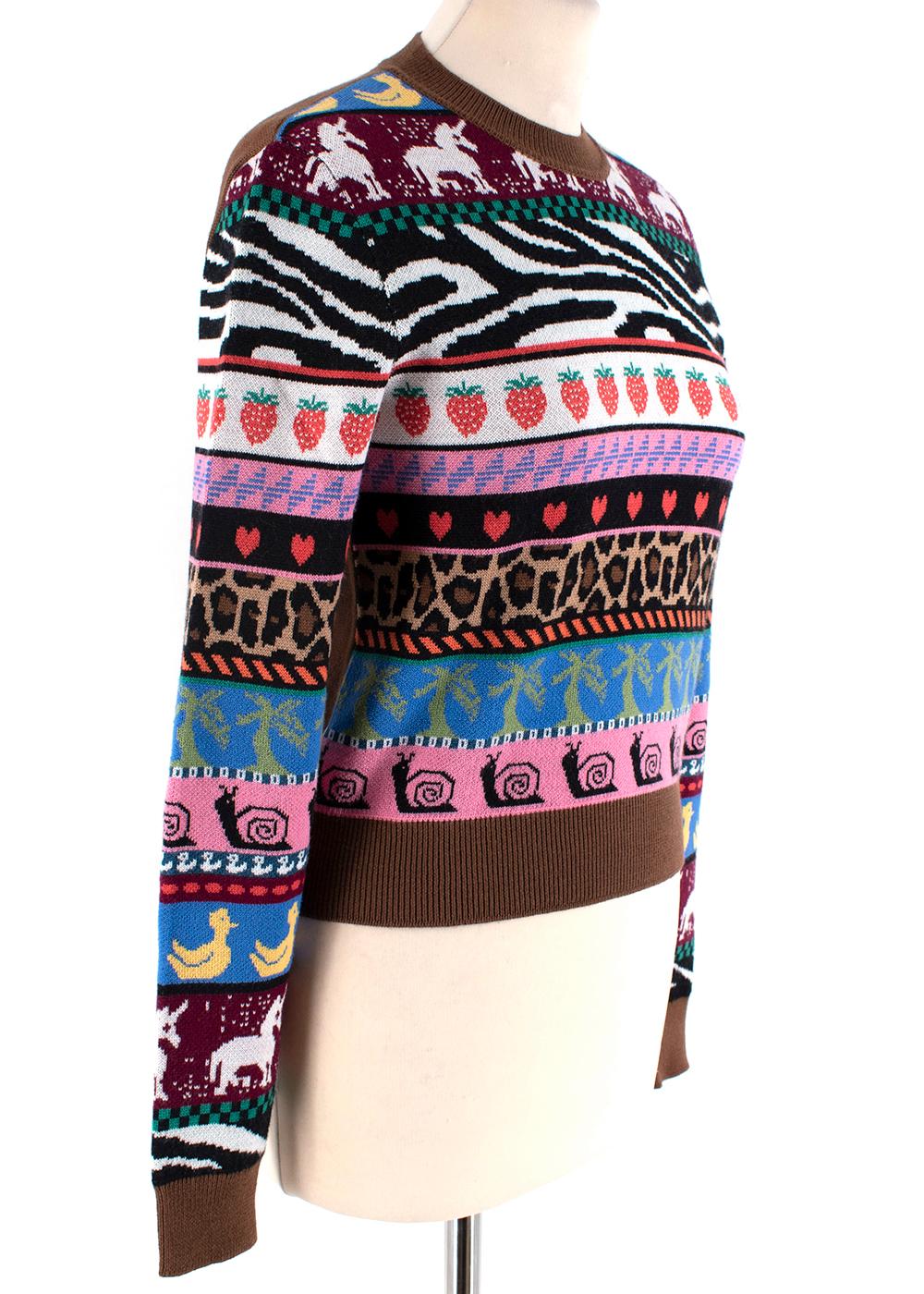 Miu Miu Virgin Wool Multi-Colour Patterned Jumper 

- Soft knitted wool
- Multi coloured/patterned motif detailing 
- Leopard and zebra patterned accents 
- Soft brown stretch knit neckline, back, cuffs and hemline 

Materials: 
100% virgin