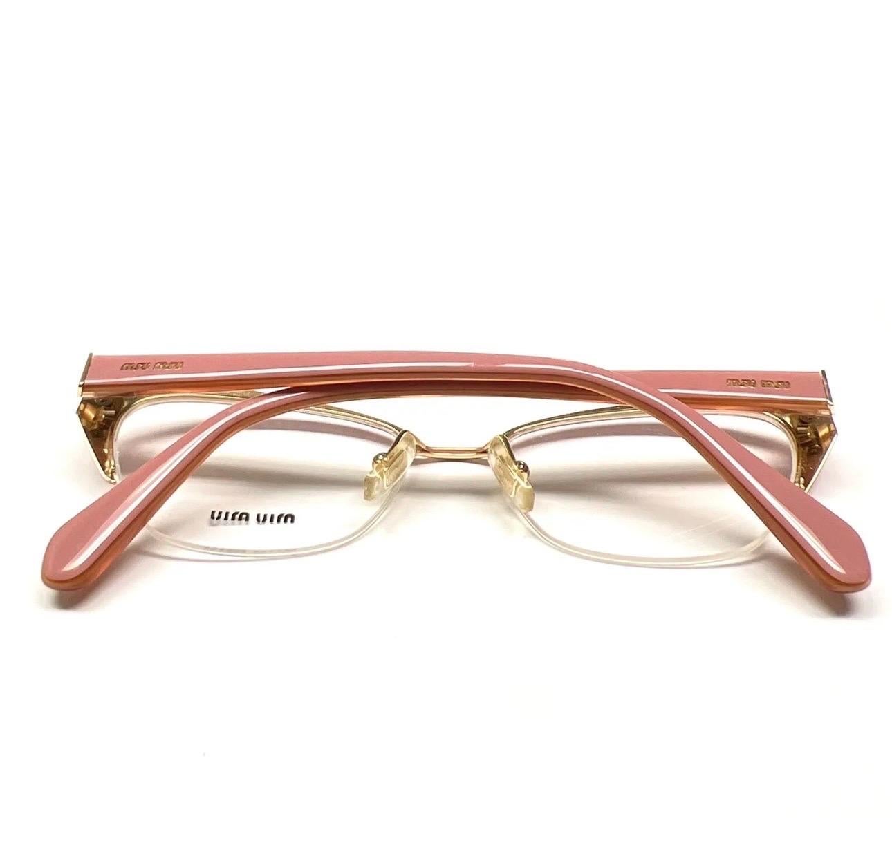 Miu Miu VMU 50L 52-17 LA9-101  140 Optical Semi Rimless Gold/ Pink Eyeglasses In Excellent Condition For Sale In New York, NY